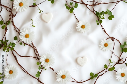 Organic Women's Day design with organic heart vines and organic white daisies on a pure organic white canvas.