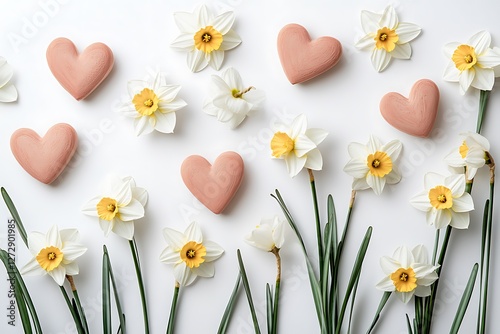 Organic Women's Day design with organic heart shapes and simple white daffodils on a natural white backdrop.