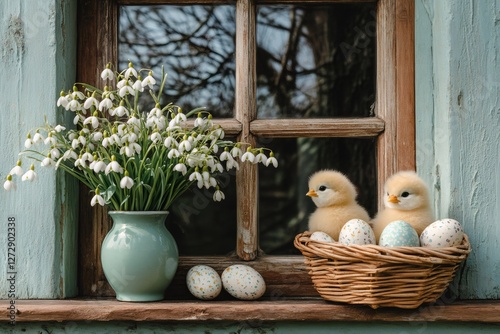 Easter chicks and snowdrops decorating a window sill