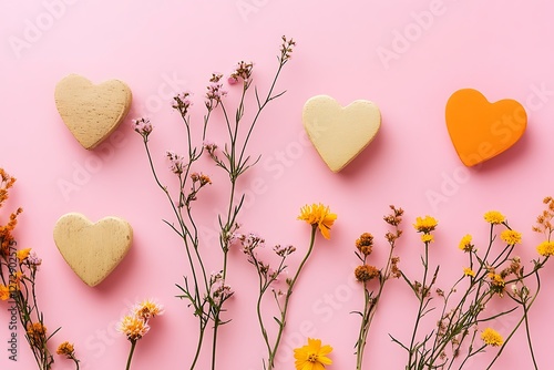 Organic Women's Day design with natural hearts and wildflowers on an eco-friendly pink background.