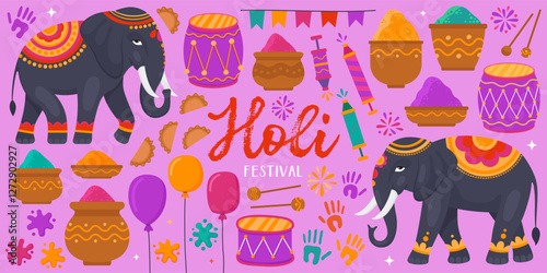 Collection of colorful illustrations for Holi. Indian traditional festival of colors, holiday. Elephants, heaps of Holi pigments in clay bowls, balloons, drums, paint stains, pink background.