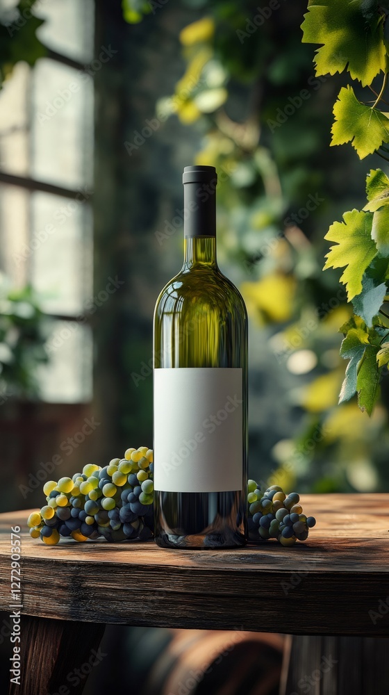 Obraz premium Bottle of white wine resting on wooden table with grapes