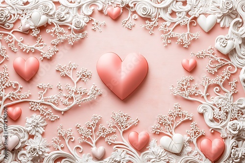 Ornamental Women's Day design with ornamental hearts and decorative cherry trees on an ornate pink canvas.