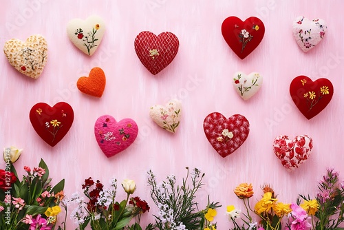 Pastoral Women's Day poster with pastoral hearts and country garden florals on a pastoral pink background.