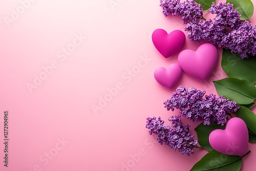 Peaceful Women's Day poster with serene hearts and calming lilacs on a tranquil pink background.
