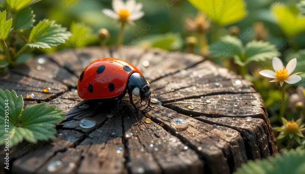 Obraz premium Vibrant Red Ladybug on Weathered Stump – Detailed Macro Shot in a Natural Setting