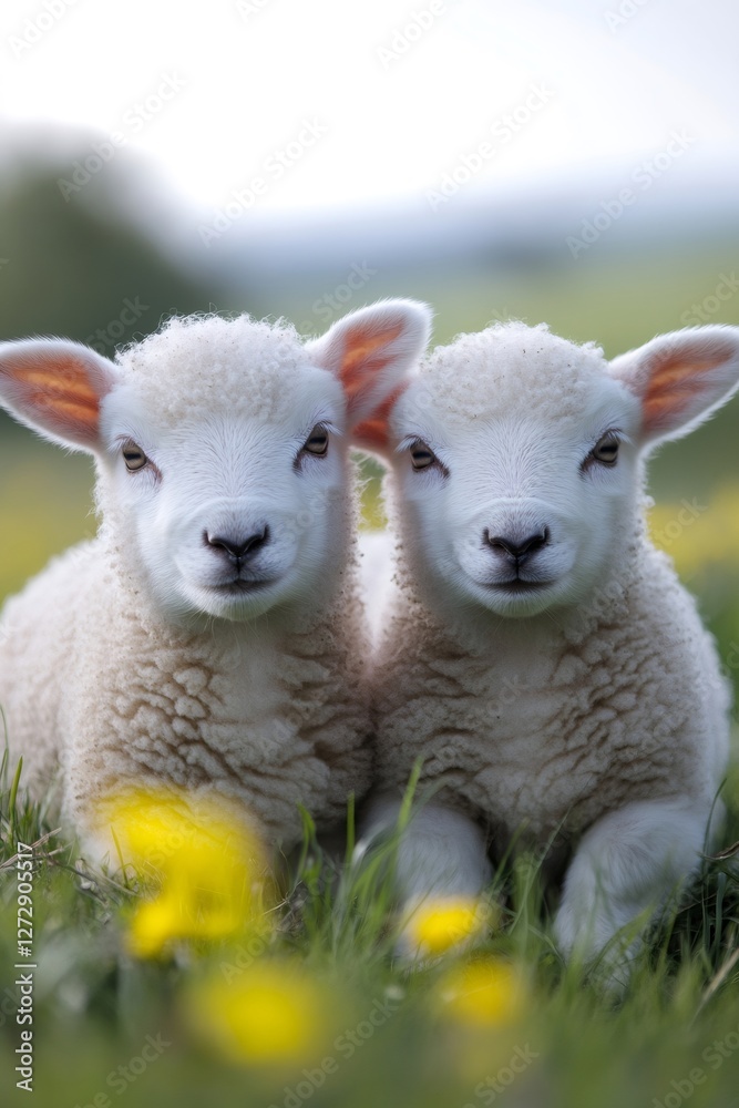 Obraz premium Two lambs lying in grass with dandelions