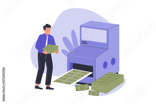 Illustration of printing money concept. man printing money with printer machine. Illustrations for websites, landing pages, mobile apps, posters and banners