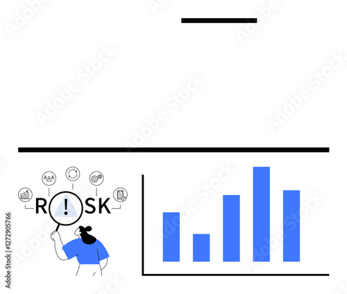Magnifying glass highlighting the word RISK beside a bar chart showing data trends. Ideal for business evaluation, risk management, data analysis, finance, decision-making, strategy, abstract line
