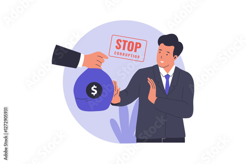 Illustration of stop corruption concept. Man refuses bribe. Illustrations for websites, landing pages, mobile apps, posters and banners