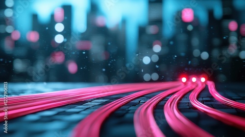 A cityscape illuminated by city lights, with streaks of light from moving vehicles crisscrossing the urban grid, highlighting the tireless activity of city life after dark.