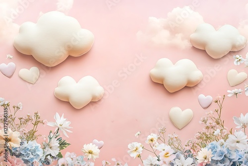 Peaceful Women's Day design with heart-shaped clouds and pastel florals on a baby pink sky.