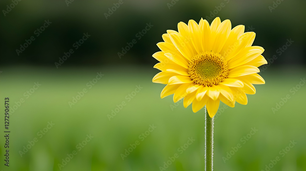 Fototapeta premium Yellow gerbera daisy flower stands tall against a blurred green field background in bright daylight.