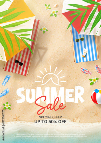Creative summer sale poster. Vector summer template with beach, chairs, umbrellas, ball, seashells, flip flops, sea wave, tropical leaves, flowers. Ad flyer for promotion of summer goods, events.