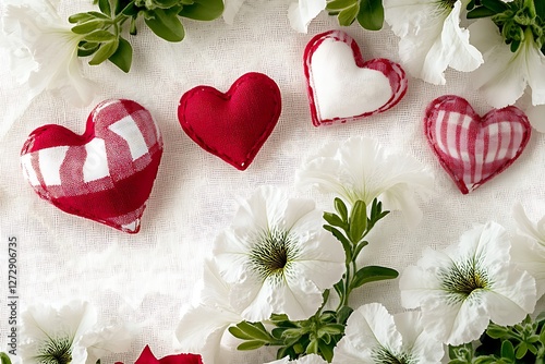 Pictorial Women's Day banner with pictorial heart frames and pictorial white petunias on a picturesque white canvas.
