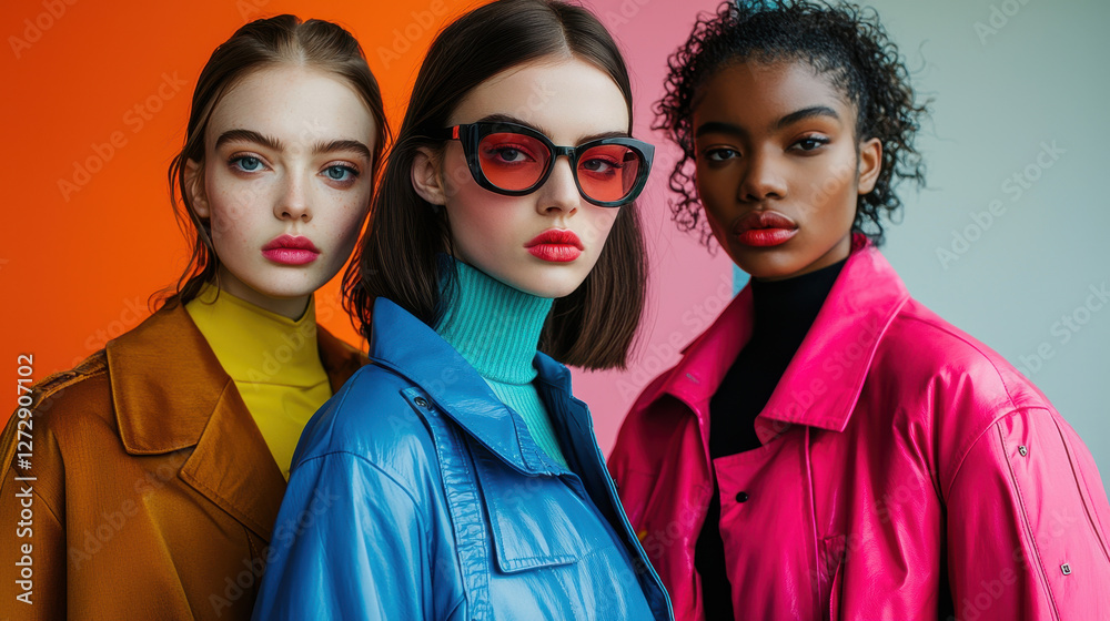 Stylish models showcase bold color-blocked outfits in a vibrant geometric setting with energetic symmetry Stylish models showcase bold color-blocked outfits in a vibrant geometric setting with energetic symmetry