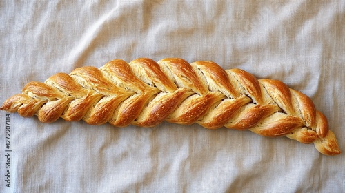 A loaf of pain d'épi, shaped like a wheat stalk, placed on a linen cloth photo