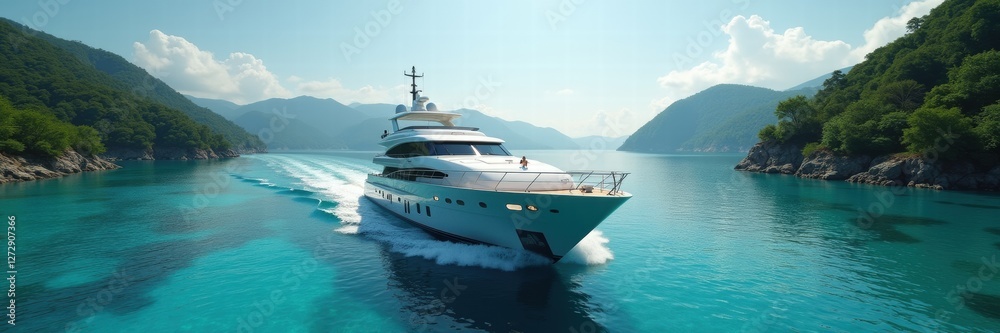 A luxurious yacht cruising through serene turquoise waters, surrounded by lush green hills. Perfect for travel, leisure, and maritime industries. A luxurious yacht cruising through serene turquoise waters, surrounded by lush green hills. Perfect for travel, leisure, and maritime industries.