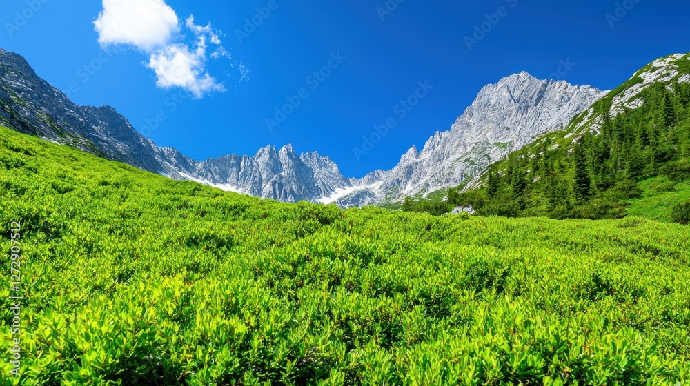 Lush green meadow leads to towering mountains under blue sky Lush green meadow leads to towering mountains under blue sky