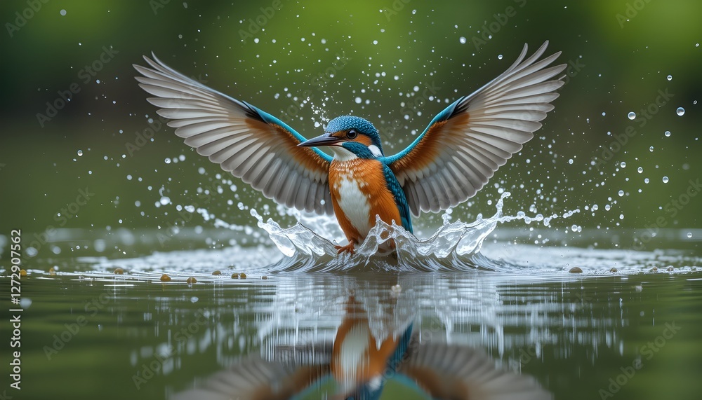 Obraz premium Kingfisher in Action – Emerging from Water with Wings Spread Wide
