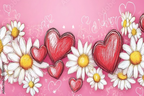 Playful Women's Day banner with doodle hearts and sprightly daisies on a playful pink background.
