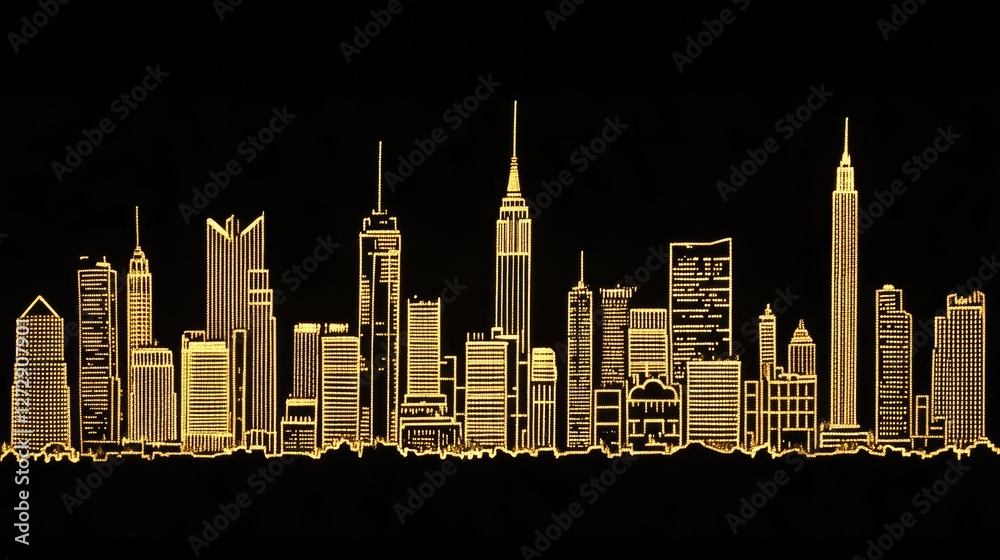 Obraz premium A dramatic architectural scene with skyscraper silhouettes outlined by city lights at night