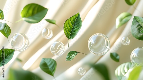 Green leaves and bubbles floating on beige fabric; nature, freshness, purity concept; website banner