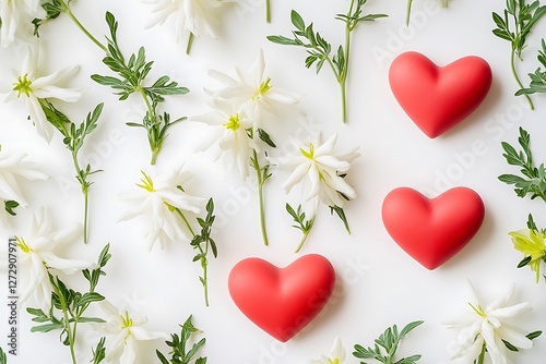 Playful Women's Day poster with playful heart shapes and playful white columbines on a fun-loving white background.