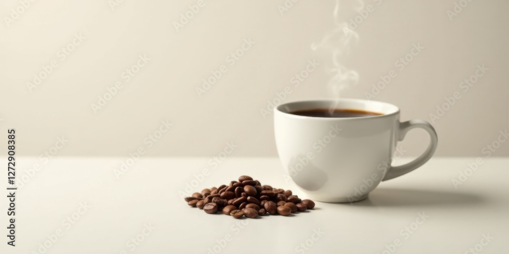 Aromatic Steam Rising from a Cup of Coffee Beside a Pile of Roasted Beans on a Plain Surface