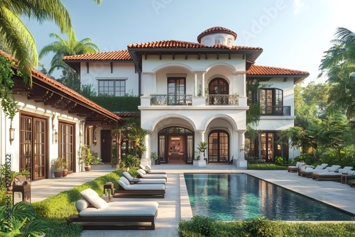 Luxurious spanish colonial revival style mansion with swimming pool and deck chairs