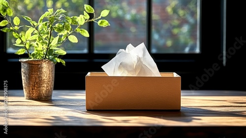 Tissue box on wooden desk, sunlit window, potted plant photo