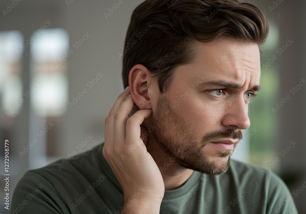 Obraz premium Man Touching Ear with Concerned Expression Feeling Discomfort or Pain