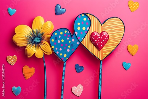 Quirky Women's Day poster with cartoonish hearts and pop art flowers on a vibrant pink background.