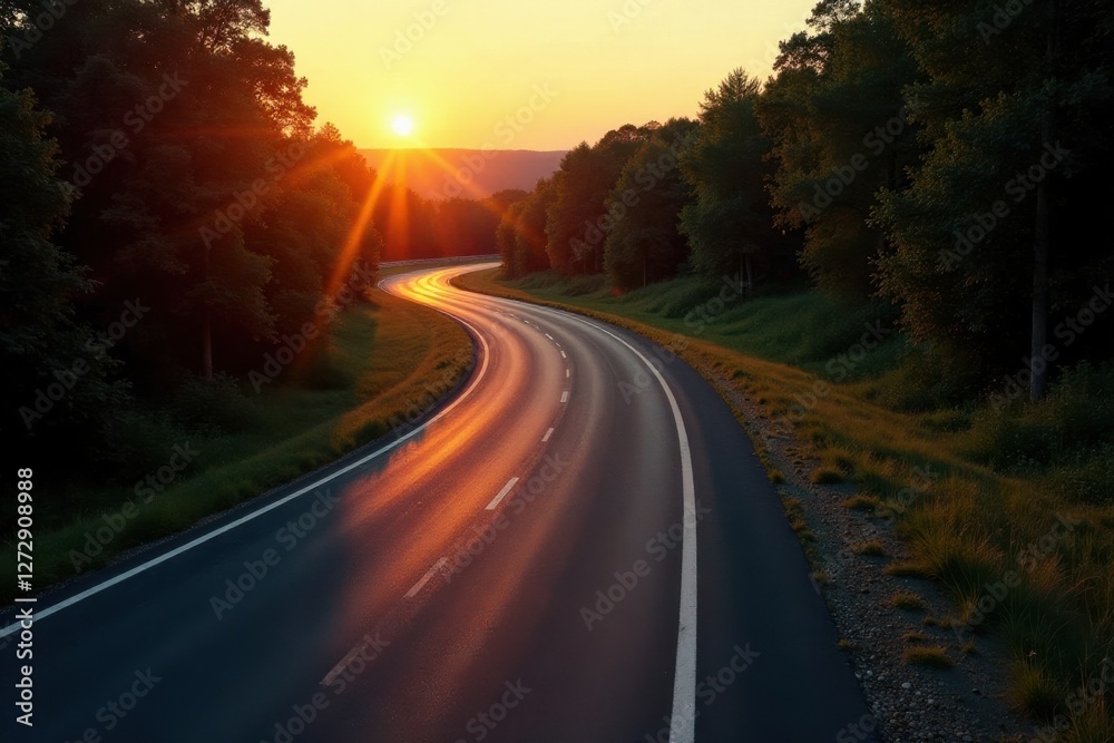 Obraz premium A Winding Asphalt Road at Sunset, Bathed in Golden Light, Curves Through Lush Green Foliage, Offering a Scenic Journey into the Evening