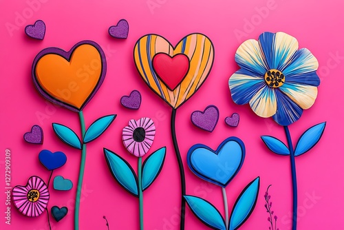 Quirky Women's Day poster with cartoonish hearts and pop art flowers on a vibrant pink background.