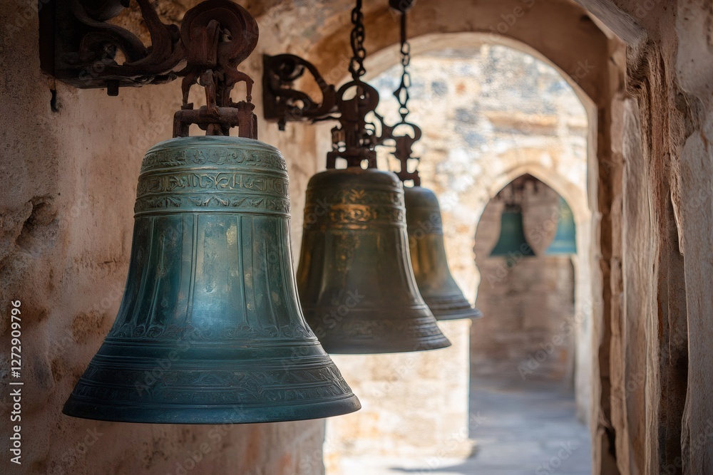 Naklejka premium Large bronze bells hanging in a monastery