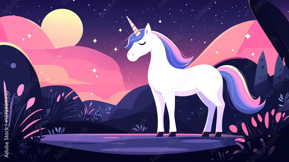 Fototapeta premium A magical unicorn stands serene under a colorful night sky with stars and moon.