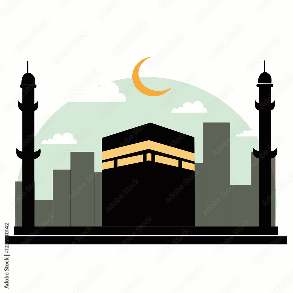 Obraz premium Mekkah and Kabah vector illustration. Eid Adha Mubarak. Ramadan kareem