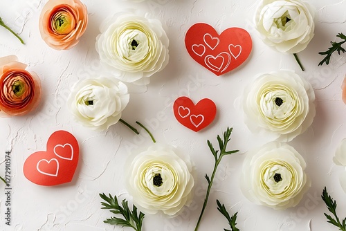 Quirky Women's Day design with quirky heart doodles and quirky white ranunculus on a quirky white backdrop.