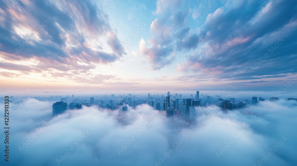 Fototapeta premium A breathtaking view of a city skyline at twilight, with the city lights twinkling below and a deep blue sky above.