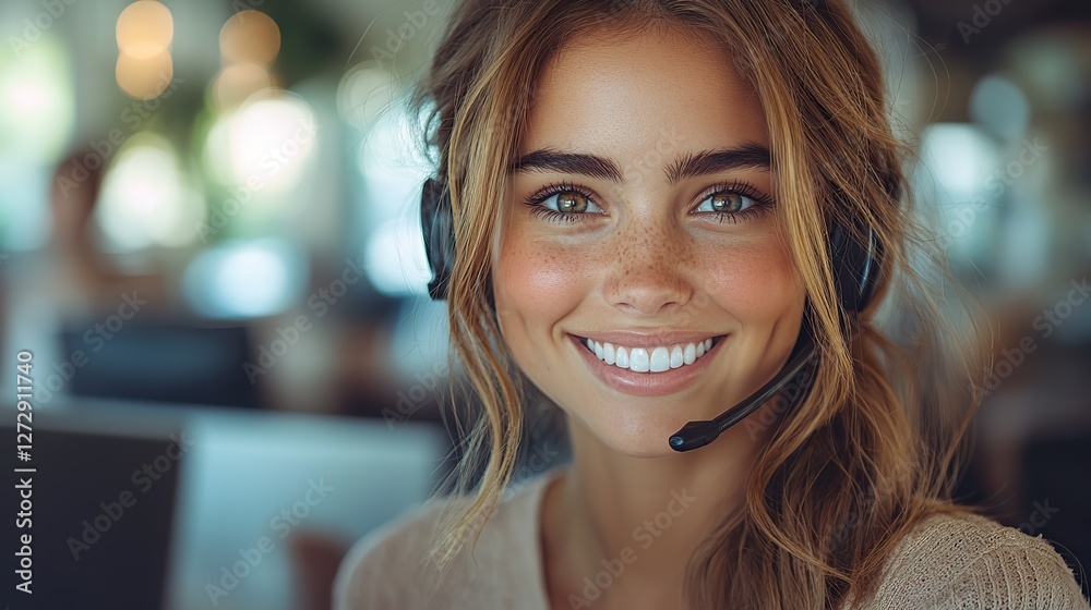 friendly customer support representative with headset smiling while working on a computer in a professional office setting offering excellent service,communication assistance friendly customer support representative with headset smiling while working on a computer in a professional office setting offering excellent service,communication assistance