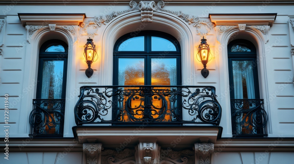 Obraz premium Elegant wrought iron balcony and lanterns illuminating a building facade