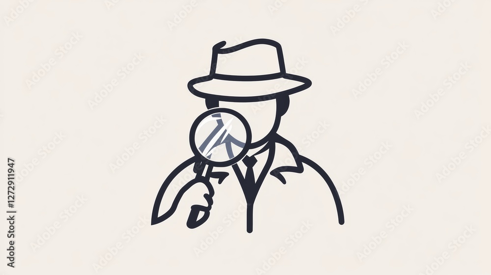 Minimalist line art icon of a detective close-up, wearing a trench coat and hat, holding a magnifying glass near their face, clean and modern design, thin lines, monochromatic black and white style, v Minimalist line art icon of a detective close-up, wearing a trench coat and hat, holding a magnifying glass near their face, clean and modern design, thin lines, monochromatic black and white style, v