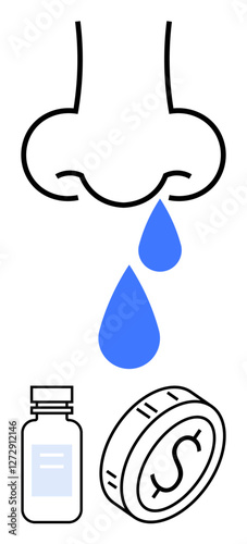 Nose emits blue droplets, symbolizing illness and treatment costs. Adjacent medicine bottle and coin highlight healthcare expenses. Ideal for health insurance, sickness, cost, budgeting, treatment