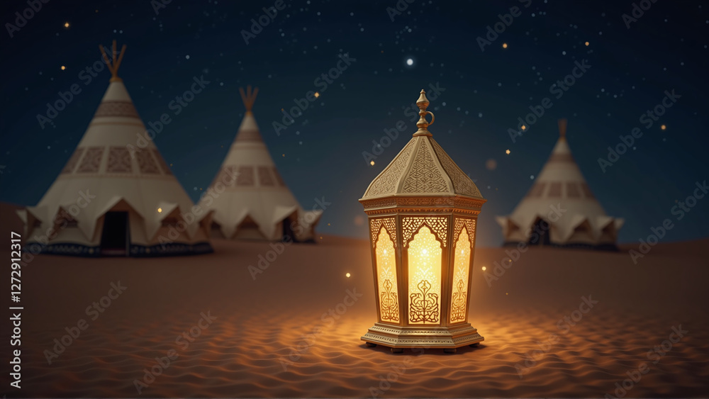 Fototapeta premium Luminous decorative metal lantern, Arabic accessories and decorations, Islamic art, traditional Islamic antiques to celebrate the coming of the month of goodness, lights and decorations islam