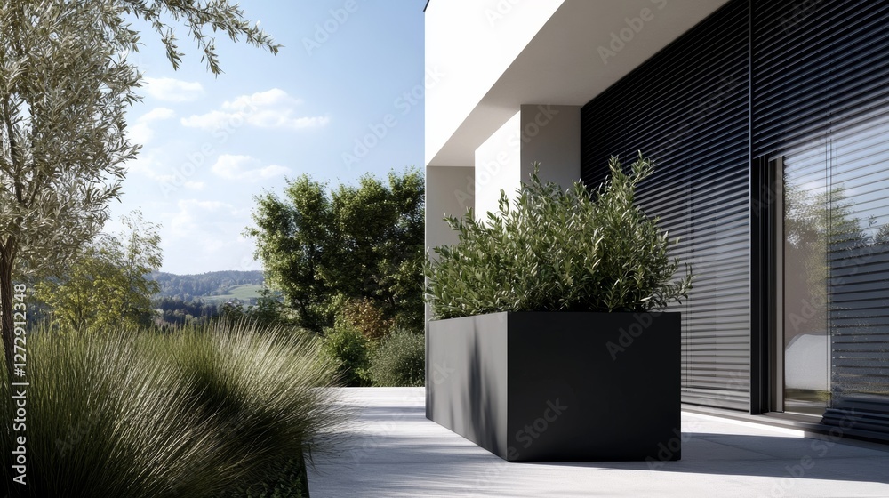 A black, slim, rectangular fiberstone plant pot with plants in it, placed on the terrace of an apartment building in Switzerland.