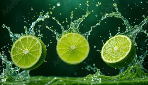 Fresh Lime Slices Splashing in Vibrant Green Liquid – Hyper-Realistic Close-Up