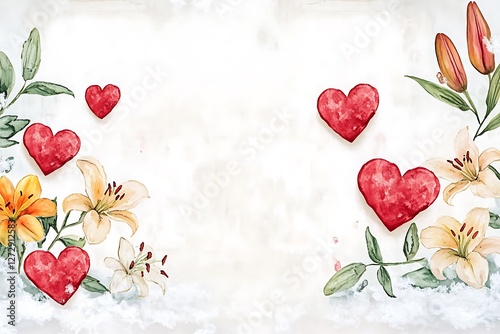 Refreshing Women's Day banner with watercolor hearts and delicate lilies on a snowy white canvas.