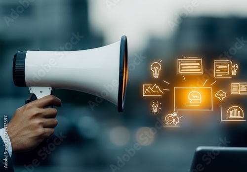 Businessman Holding Megaphone with Digital Communication Icons Representing Marketing and Engagement Strategies