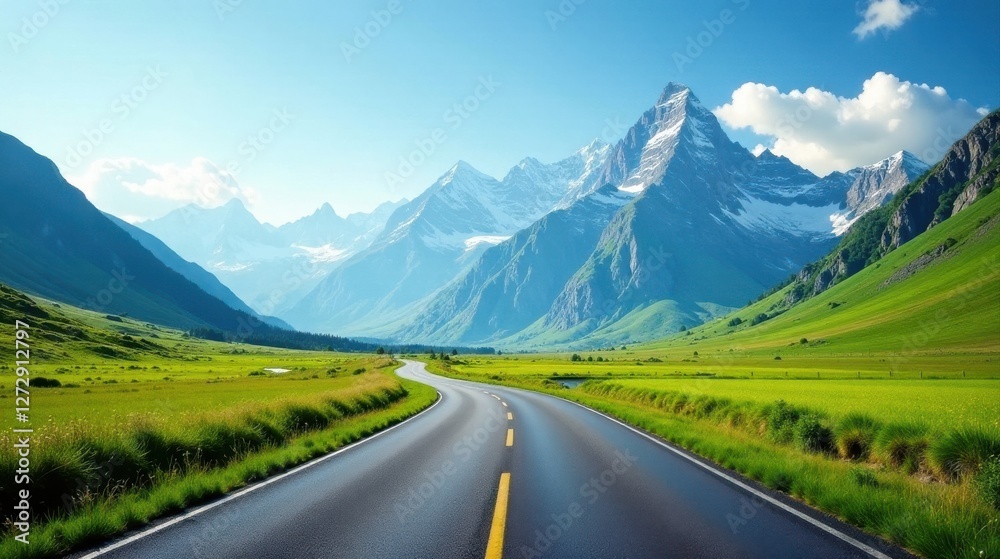 Naklejka premium Asphalt ribbon unwinding through vibrant green meadows towards majestic snow-capped mountains under a brilliant summer sky